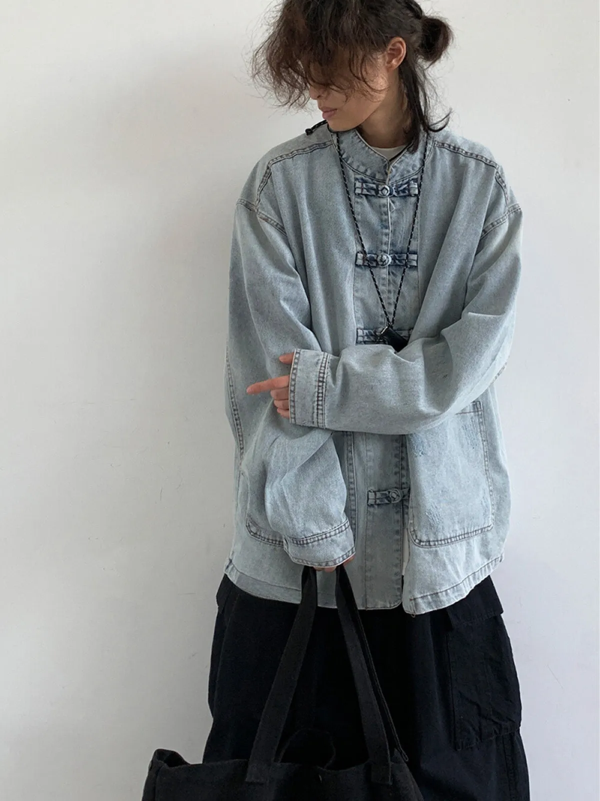 WLS Retro Chinese Button Denim Jacket