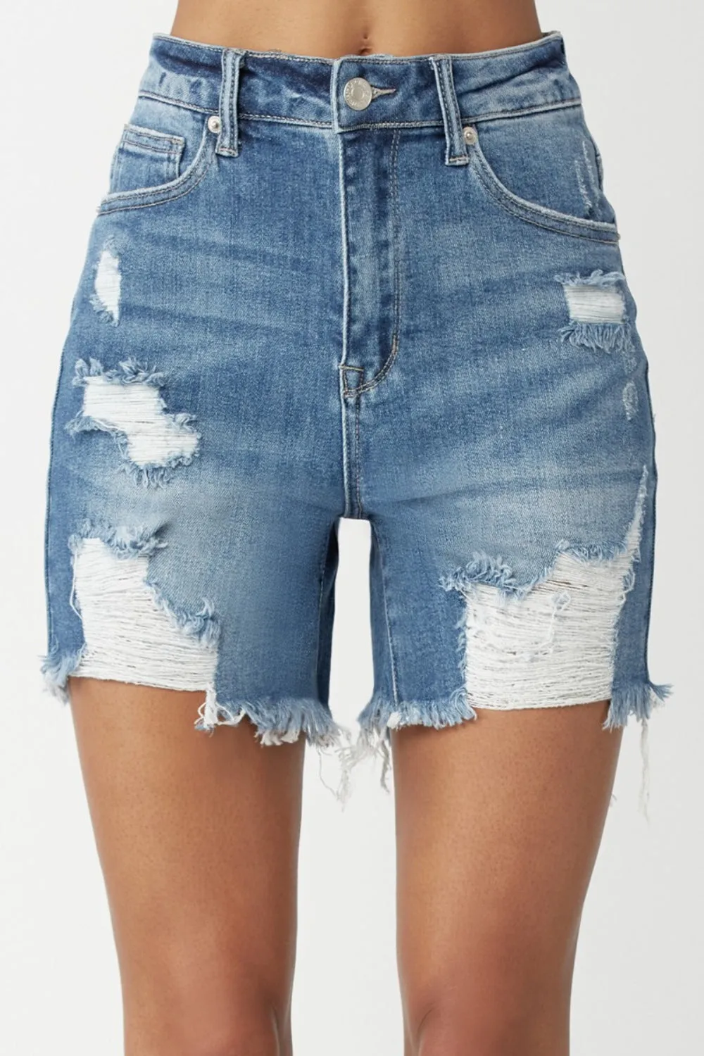 Women's RISEN High Waisted Distressed Denim Shorts