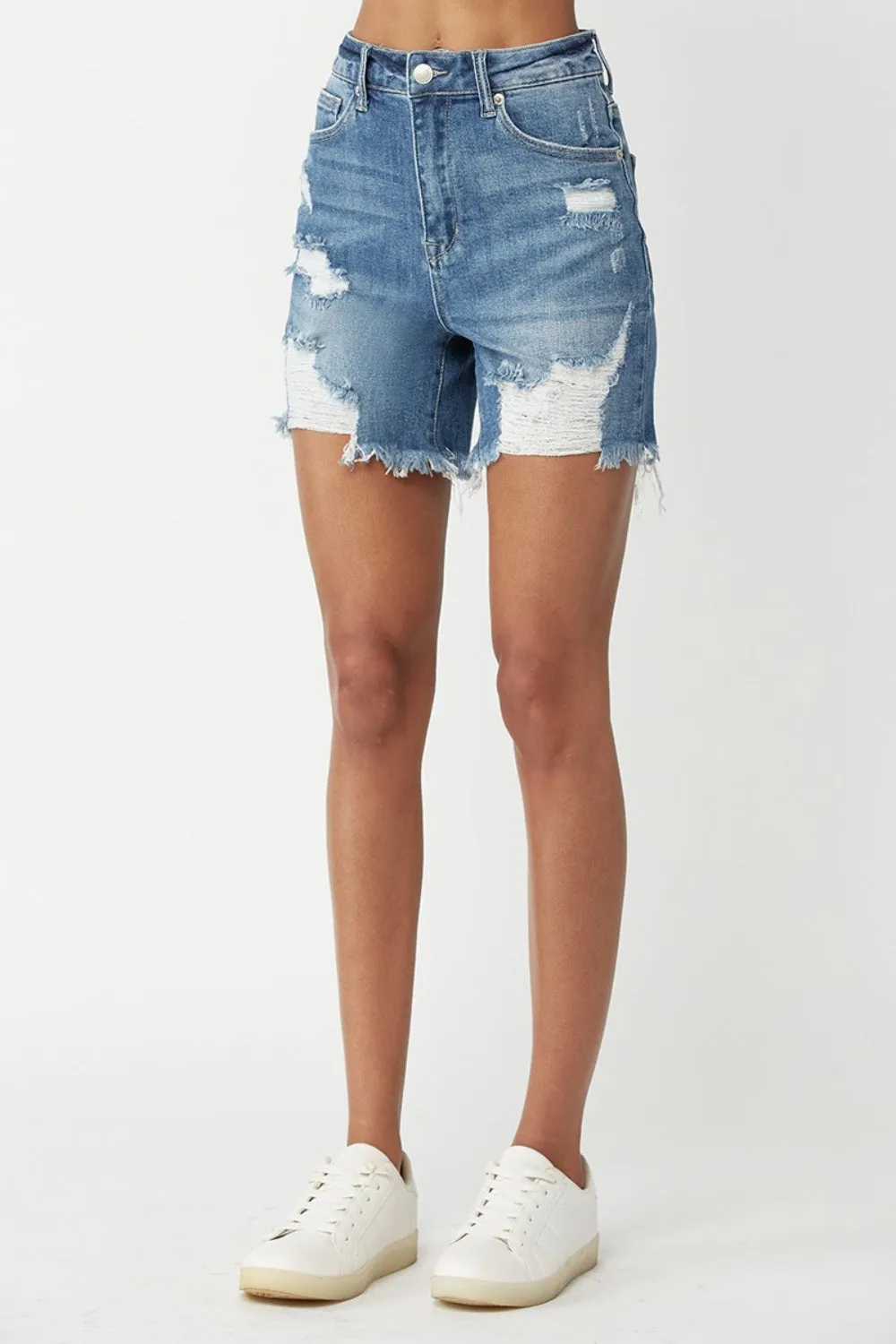 Women's RISEN High Waisted Distressed Denim Shorts