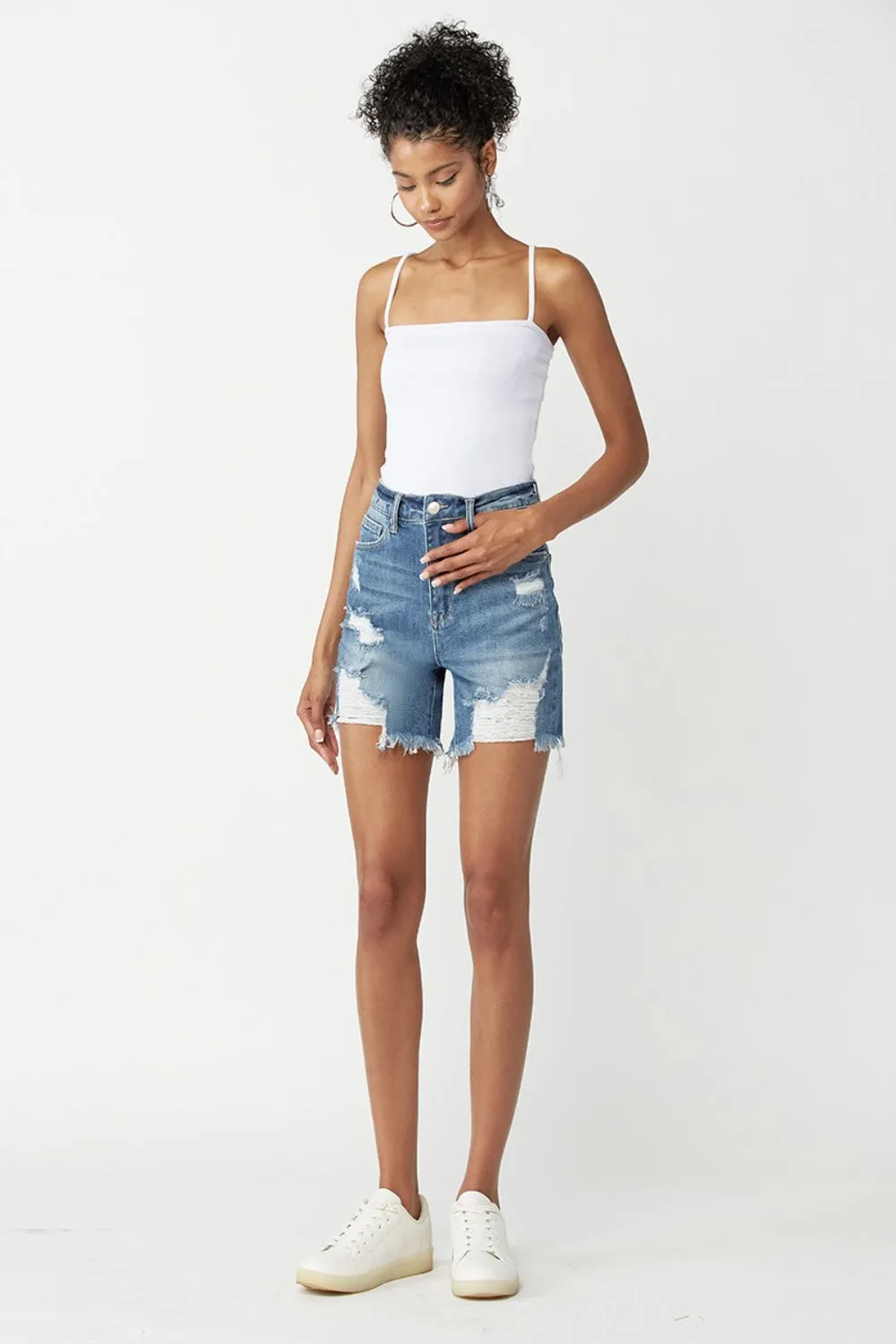 Women's RISEN High Waisted Distressed Denim Shorts